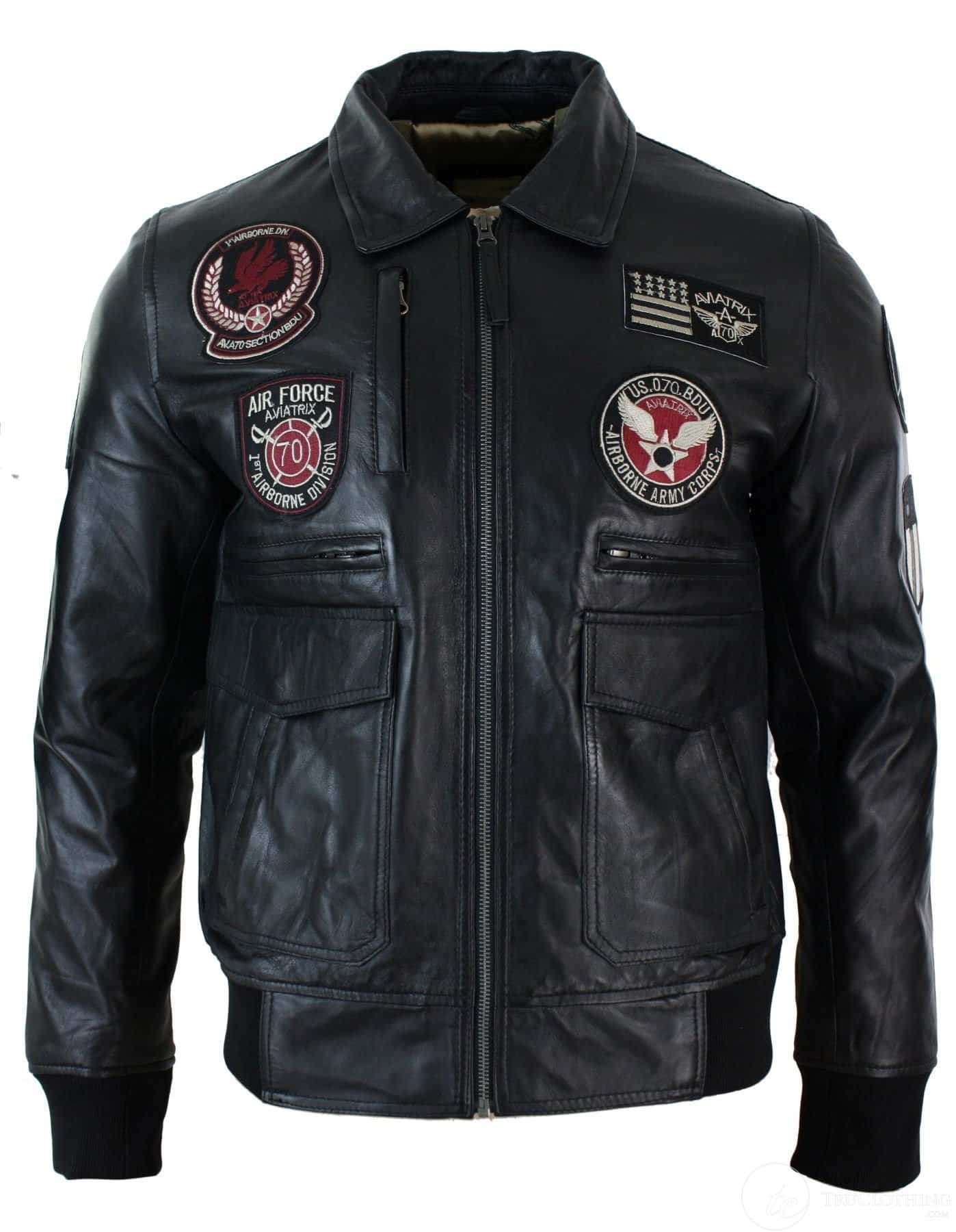 Chaqueta de aviador de cuero auténtico para hombre, color negro, con insignia de piloto de la Fuerza Aérea.