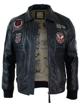 Chaqueta de aviador de cuero auténtico para hombre, color negro, con insignia de piloto de la Fuerza Aérea.
