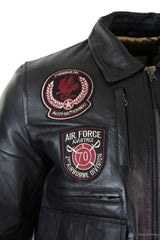 Chaqueta de aviador de cuero auténtico para hombre, color negro, con insignia de piloto de la Fuerza Aérea.