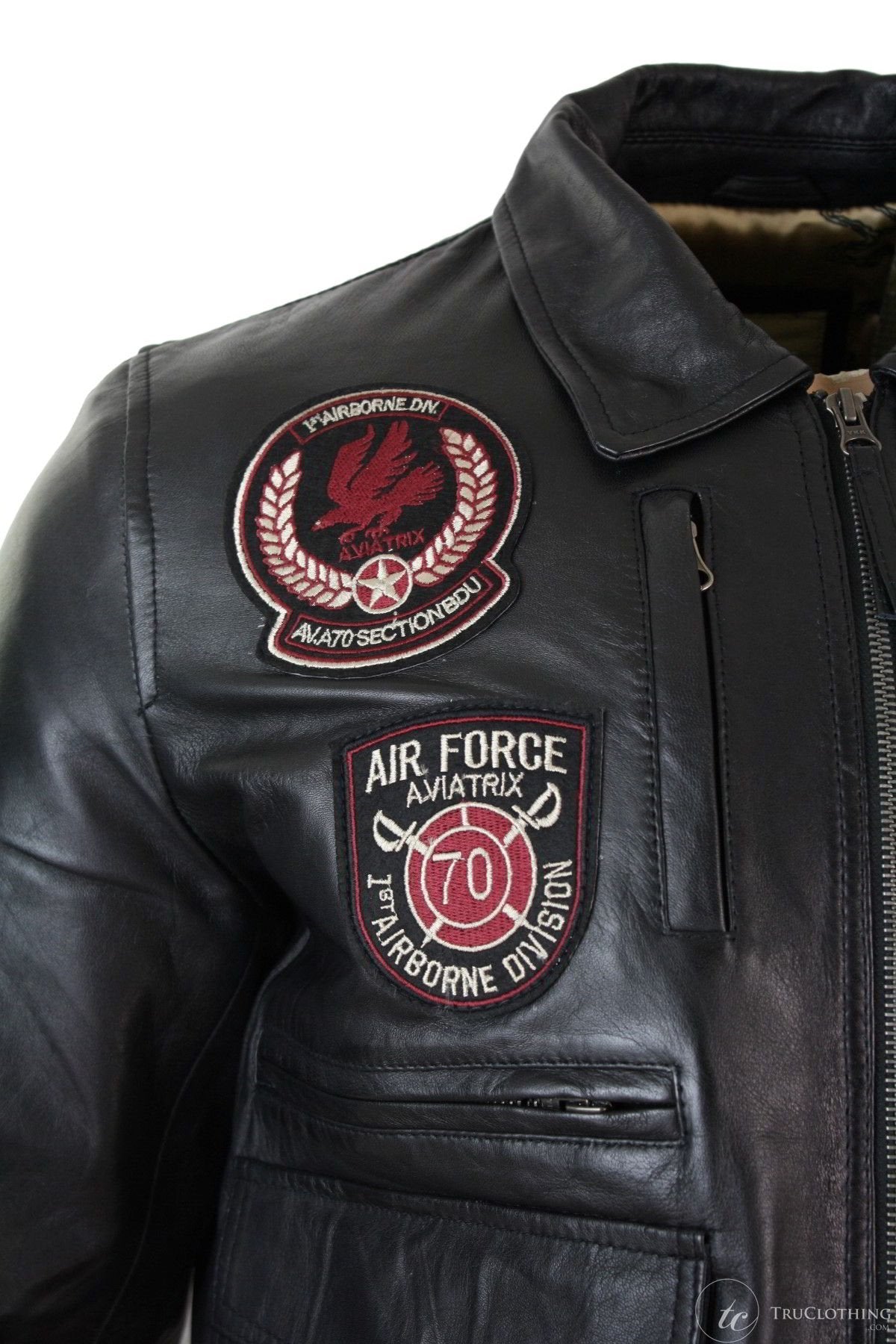 Chaqueta de aviador de cuero auténtico para hombre, color negro, con insignia de piloto de la Fuerza Aérea.