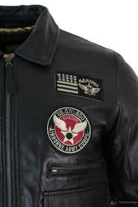 Chaqueta de aviador de cuero auténtico para hombre, color negro, con insignia de piloto de la Fuerza Aérea.