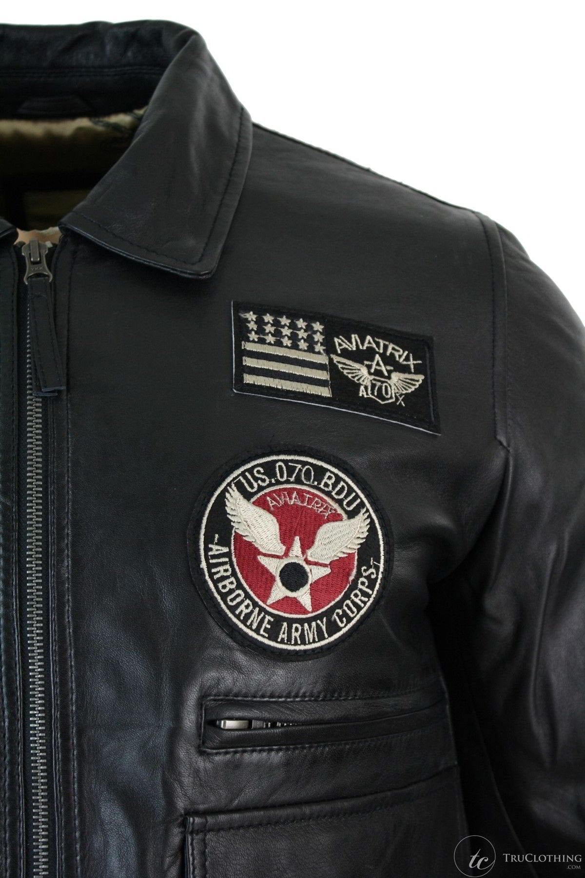 Chaqueta de aviador de cuero auténtico para hombre, color negro, con insignia de piloto de la Fuerza Aérea.