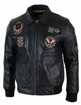 Chaqueta de aviador de cuero auténtico para hombre, color negro, con insignia de piloto de la Fuerza Aérea.