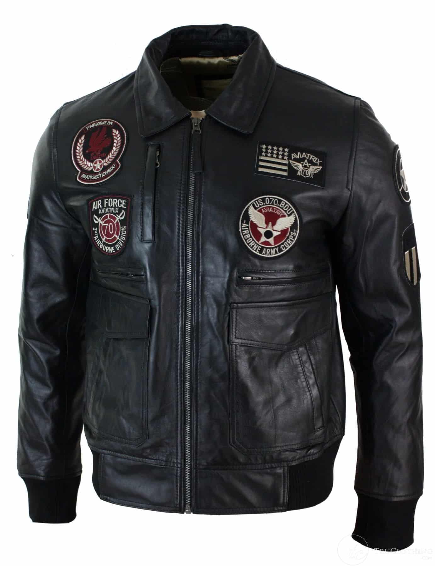 Chaqueta de aviador de cuero auténtico para hombre, color negro, con insignia de piloto de la Fuerza Aérea.