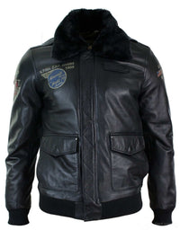 Chaqueta bomber de aviador de cuero auténtico negro para hombre con cuello de piel, corte ajustado.