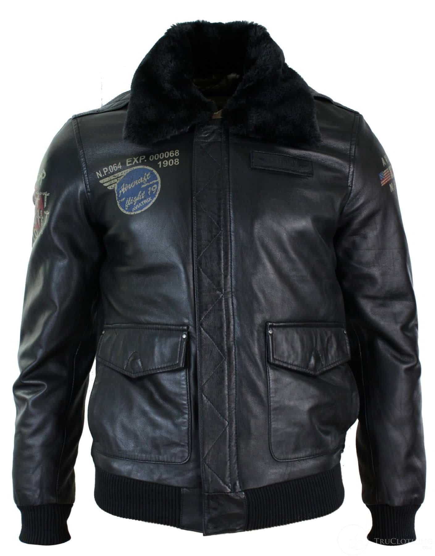 Chaqueta bomber de aviador de cuero auténtico negro para hombre con cuello de piel, corte ajustado.