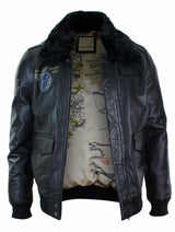 Chaqueta bomber de aviador de cuero auténtico negro para hombre con cuello de piel, corte ajustado.