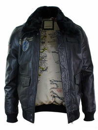 Chaqueta bomber de aviador de cuero auténtico negro para hombre con cuello de piel, corte ajustado.