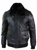 Chaqueta bomber de aviador de cuero auténtico negro para hombre con cuello de piel, corte ajustado.