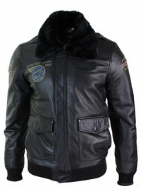 Chaqueta bomber de aviador de cuero auténtico negro para hombre con cuello de piel, corte ajustado.
