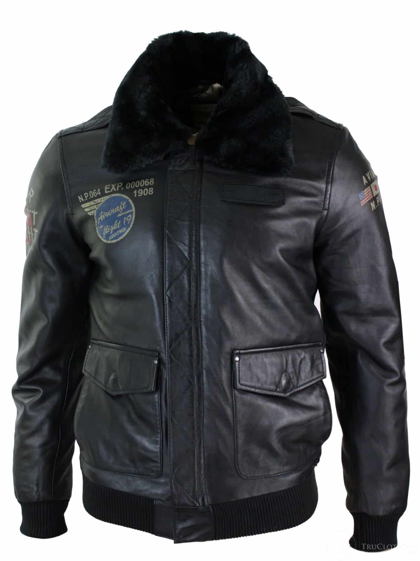 Chaqueta bomber de aviador de cuero auténtico negro para hombre con cuello de piel, corte ajustado.