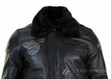 Chaqueta bomber de aviador de cuero auténtico negro para hombre con cuello de piel, corte ajustado.
