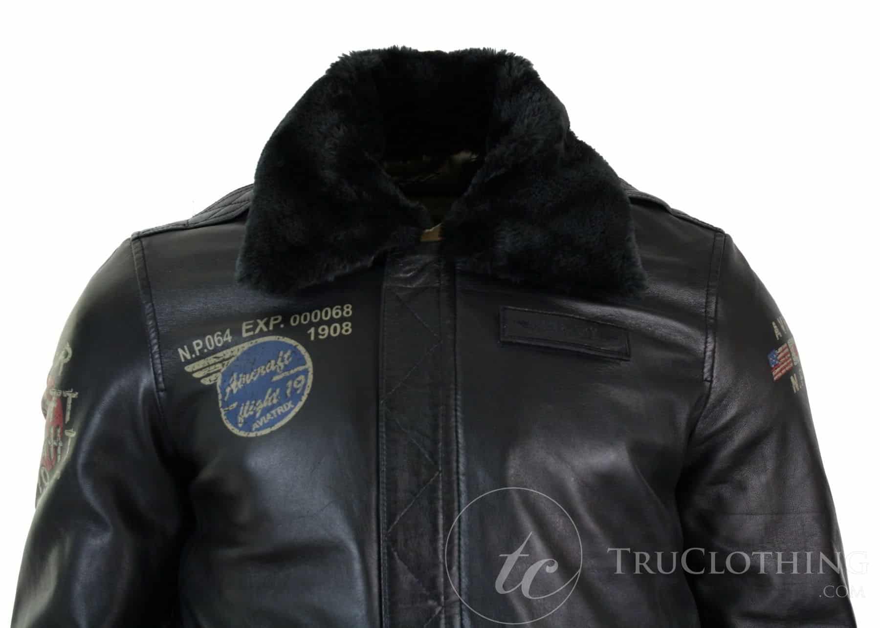 Chaqueta bomber de aviador de cuero auténtico negro para hombre con cuello de piel, corte ajustado.