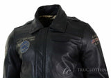 Chaqueta bomber de aviador de cuero auténtico negro para hombre con cuello de piel, corte ajustado.