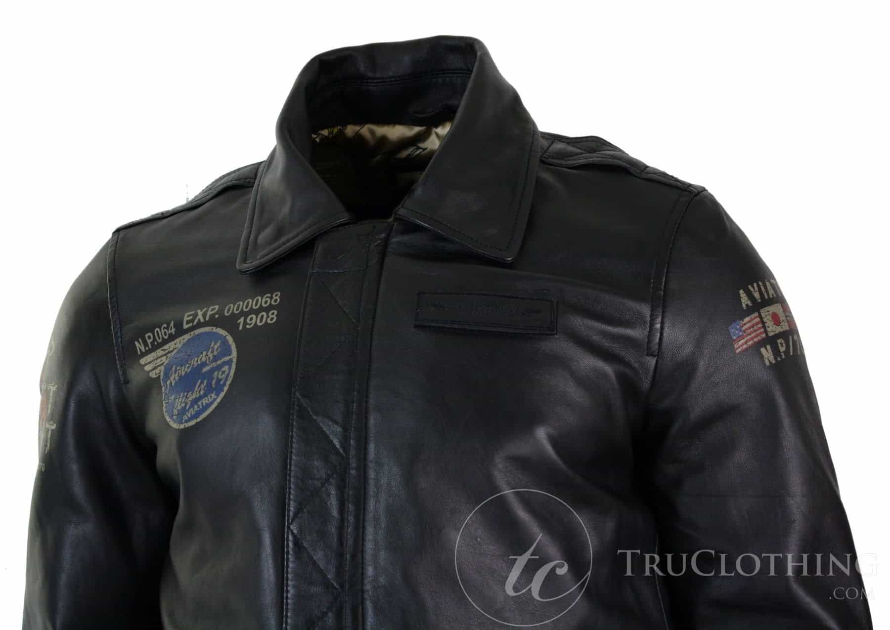 Chaqueta bomber de aviador de cuero auténtico negro para hombre con cuello de piel, corte ajustado.