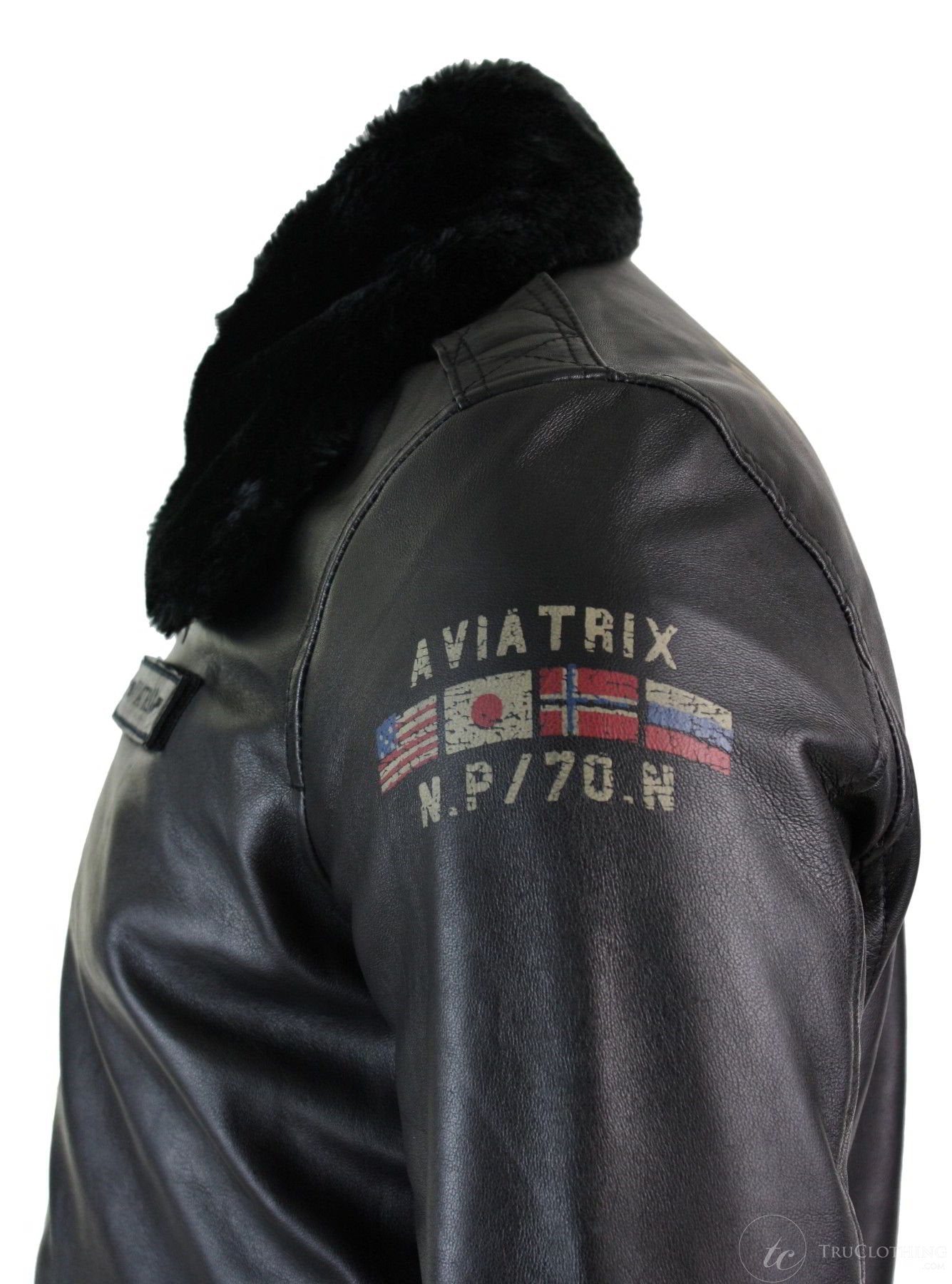 Chaqueta bomber de aviador de cuero auténtico negro para hombre con cuello de piel, corte ajustado.
