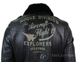 Chaqueta bomber de aviador de cuero auténtico negro para hombre con cuello de piel, corte ajustado.