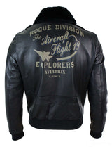 Chaqueta bomber de aviador de cuero auténtico negro para hombre con cuello de piel, corte ajustado.