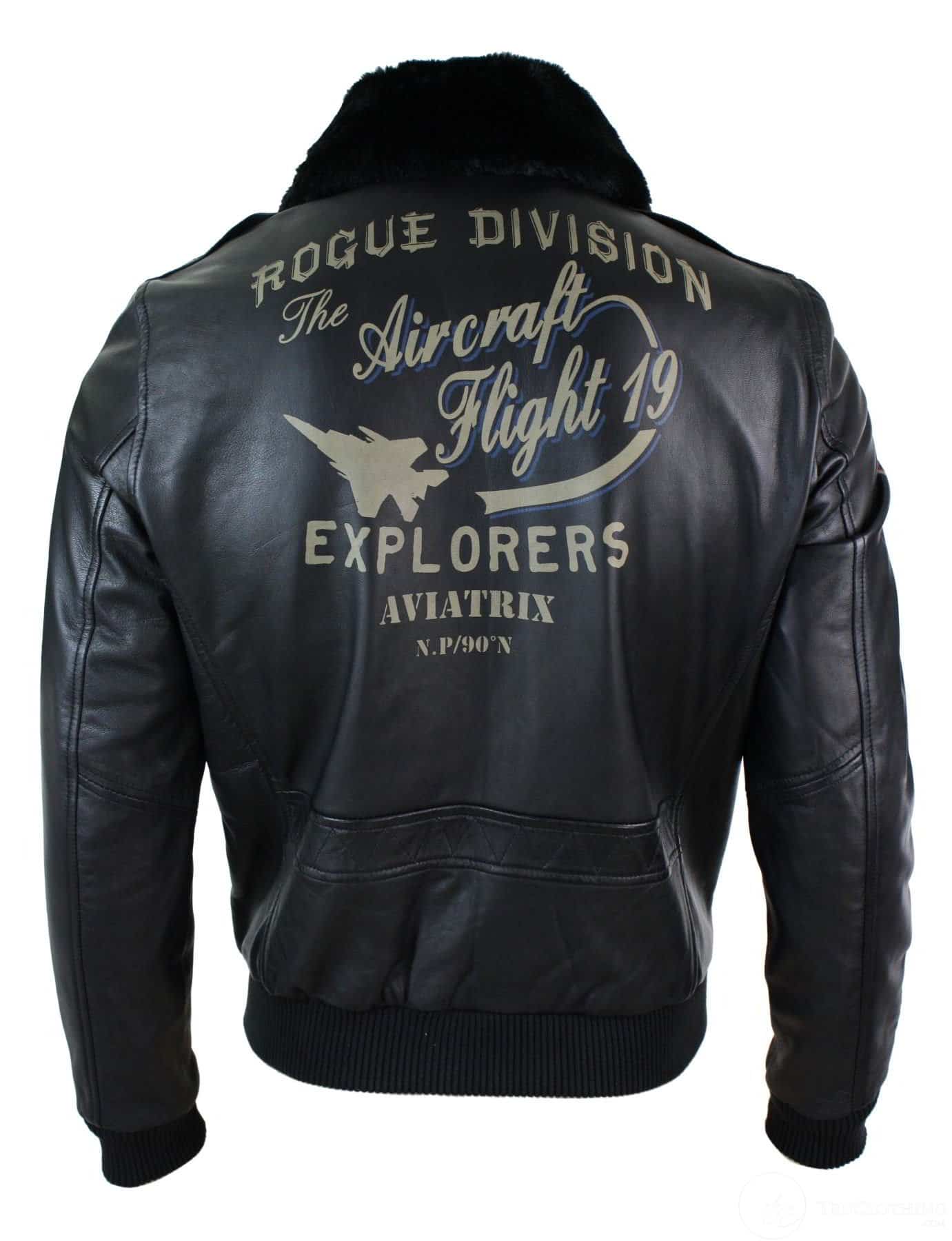 Chaqueta bomber de aviador de cuero auténtico negro para hombre con cuello de piel, corte ajustado.