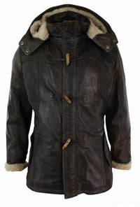Chaqueta de safari de piel auténtica para hombre, estilo duffle, con capucha, larga, 3/4, con forro de piel, color marrón madera lavado.