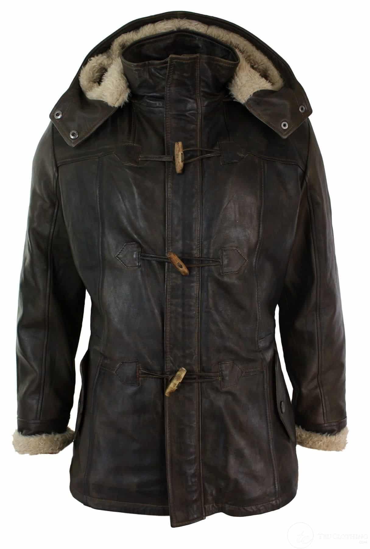 Chaqueta de safari de piel auténtica para hombre, estilo duffle, con capucha, larga, 3/4, con forro de piel, color marrón madera lavado.