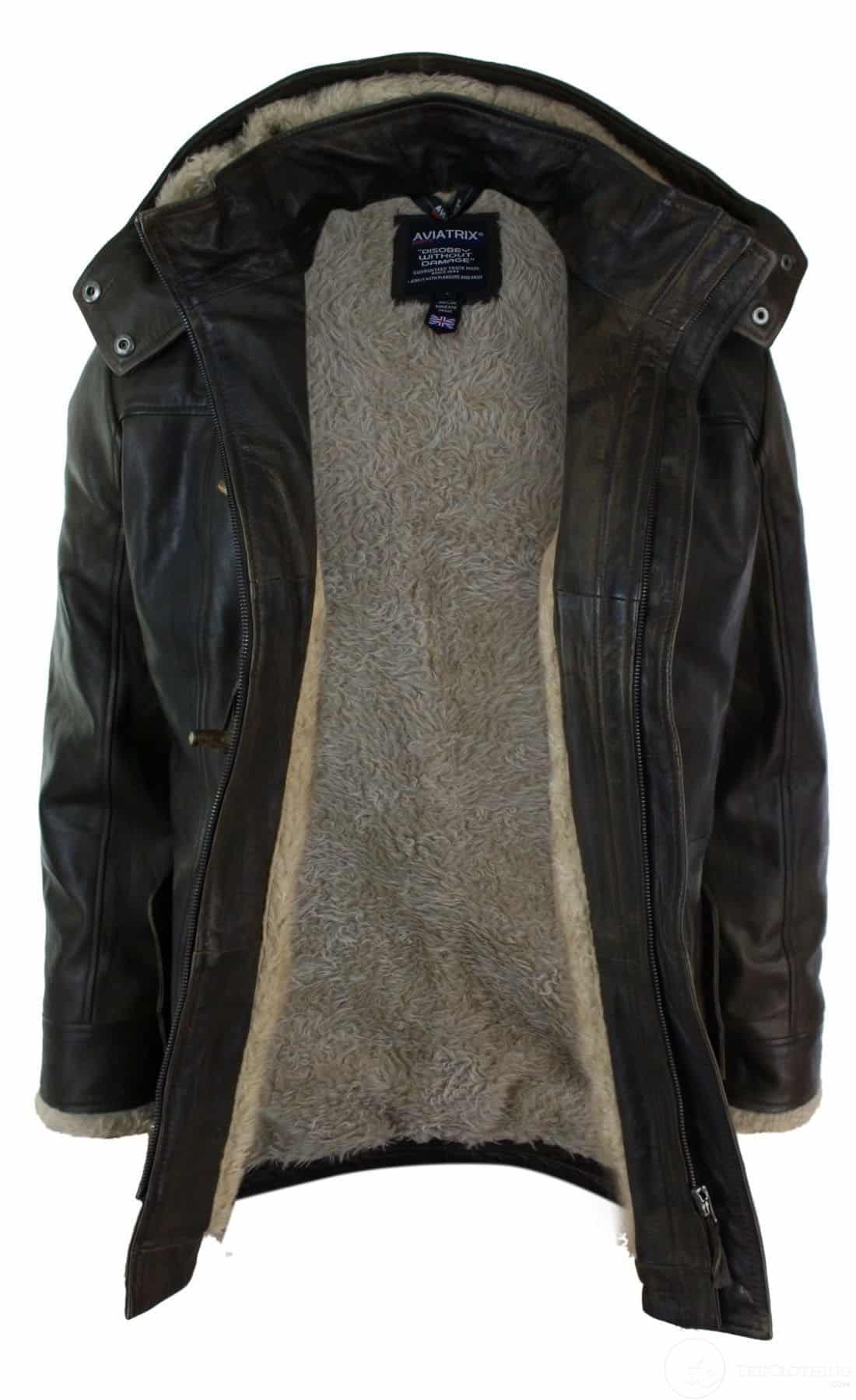 Chaqueta de safari de piel auténtica para hombre, estilo duffle, con capucha, larga, 3/4, con forro de piel, color marrón madera lavado.