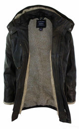 Chaqueta de safari de piel auténtica para hombre, estilo duffle, con capucha, larga, 3/4, con forro de piel, color marrón madera lavado.