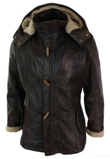 Chaqueta de safari de piel auténtica para hombre, estilo duffle, con capucha, larga, 3/4, con forro de piel, color marrón madera lavado.