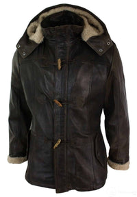 Chaqueta de safari de piel auténtica para hombre, estilo duffle, con capucha, larga, 3/4, con forro de piel, color marrón madera lavado.