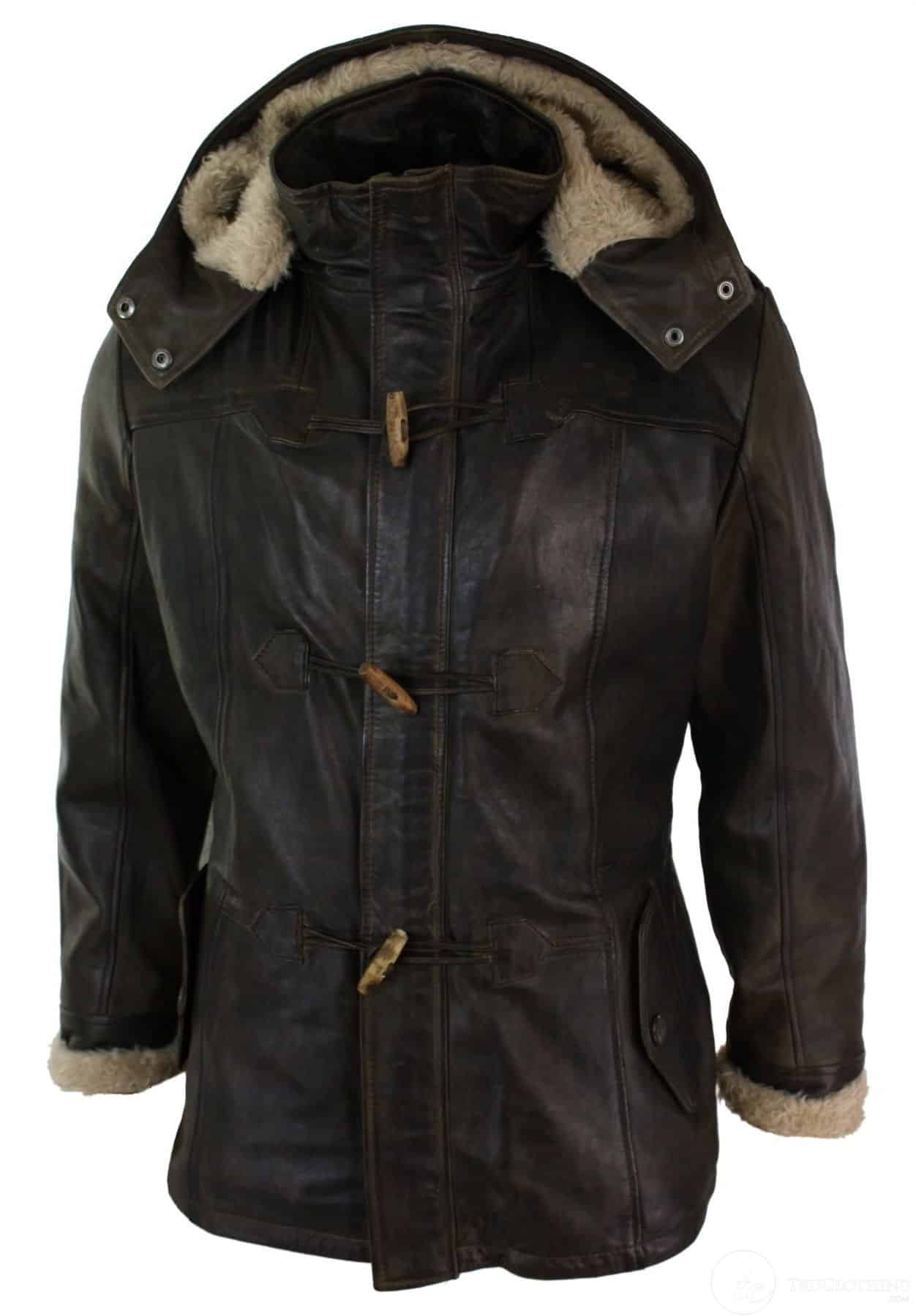 Chaqueta de safari de piel auténtica para hombre, estilo duffle, con capucha, larga, 3/4, con forro de piel, color marrón madera lavado.