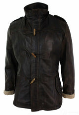 Chaqueta de safari de piel auténtica para hombre, estilo duffle, con capucha, larga, 3/4, con forro de piel, color marrón madera lavado.