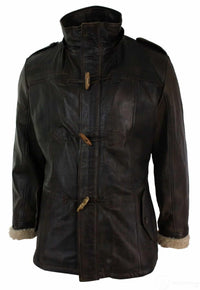 Chaqueta de safari de piel auténtica para hombre, estilo duffle, con capucha, larga, 3/4, con forro de piel, color marrón madera lavado.