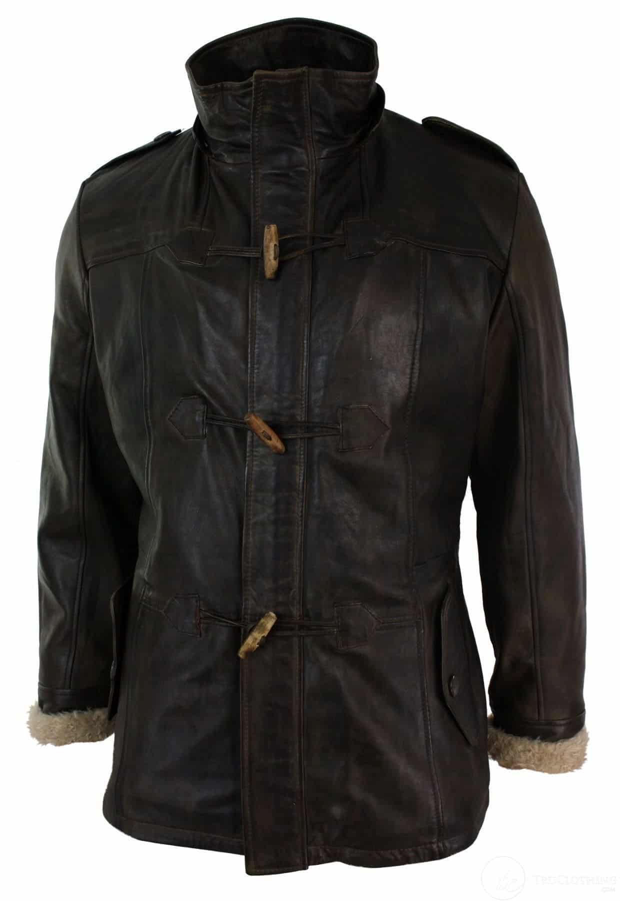 Chaqueta de safari de piel auténtica para hombre, estilo duffle, con capucha, larga, 3/4, con forro de piel, color marrón madera lavado.