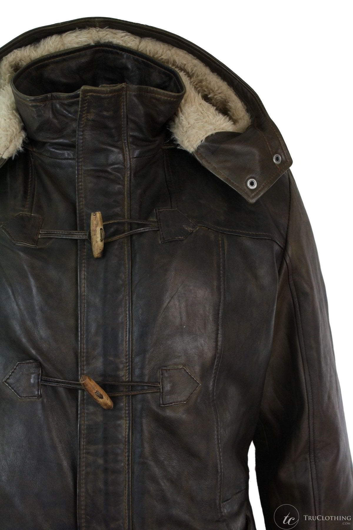 Chaqueta de safari de piel auténtica para hombre, estilo duffle, con capucha, larga, 3/4, con forro de piel, color marrón madera lavado.