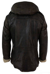Chaqueta de safari de piel auténtica para hombre, estilo duffle, con capucha, larga, 3/4, con forro de piel, color marrón madera lavado.