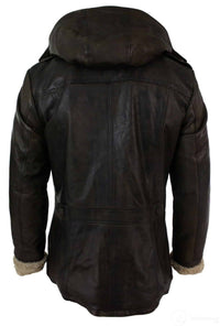 Chaqueta de safari de piel auténtica para hombre, estilo duffle, con capucha, larga, 3/4, con forro de piel, color marrón madera lavado.