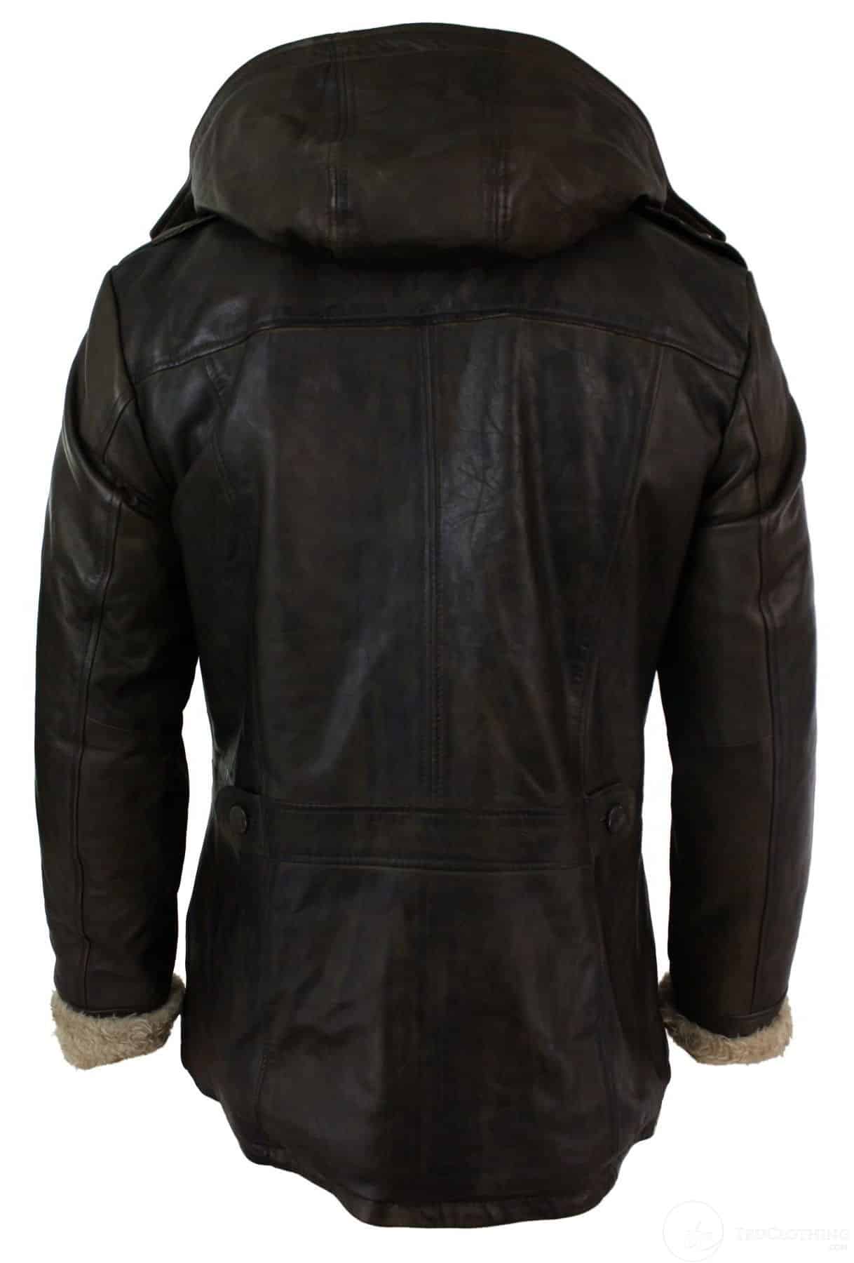 Chaqueta de safari de piel auténtica para hombre, estilo duffle, con capucha, larga, 3/4, con forro de piel, color marrón madera lavado.