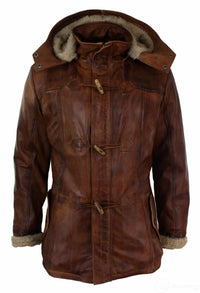 Chaqueta de safari de piel auténtica para hombre, estilo duffle, con capucha, 3/4 de largo, con forro de piel, color marrón madera lavada, Nevada Timber.
