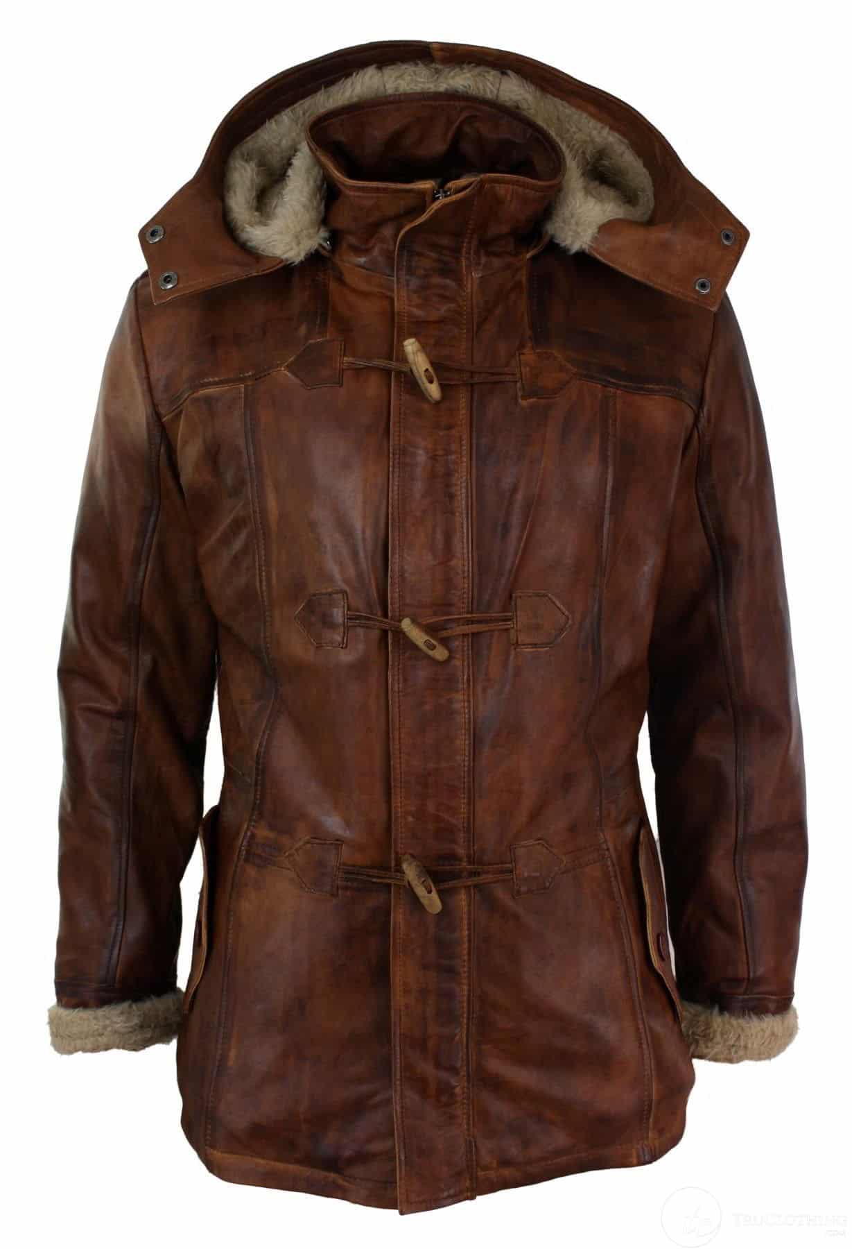 Chaqueta de safari de piel auténtica para hombre, estilo duffle, con capucha, 3/4 de largo, con forro de piel, color marrón madera lavada, Nevada Timber.