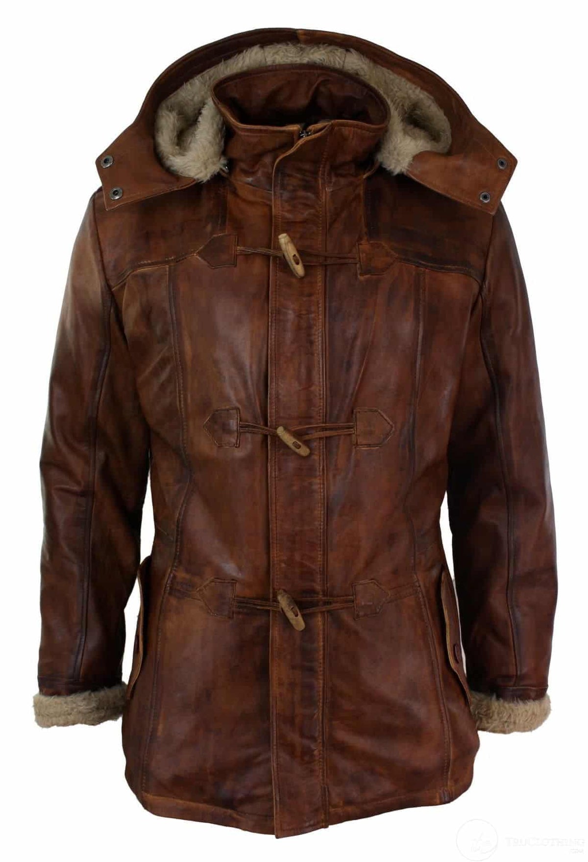 Chaqueta de safari de piel auténtica para hombre, estilo duffle, con capucha, 3/4 de largo, con forro de piel, color marrón madera lavada, Nevada Timber.