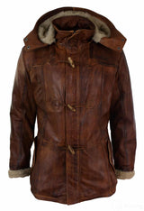 Chaqueta de safari de piel auténtica para hombre, estilo duffle, con capucha, 3/4 de largo, con forro de piel, color marrón madera lavada, Nevada Timber.