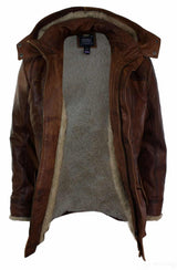 Chaqueta de safari de piel auténtica para hombre, estilo duffle, con capucha, 3/4 de largo, con forro de piel, color marrón madera lavada, Nevada Timber.