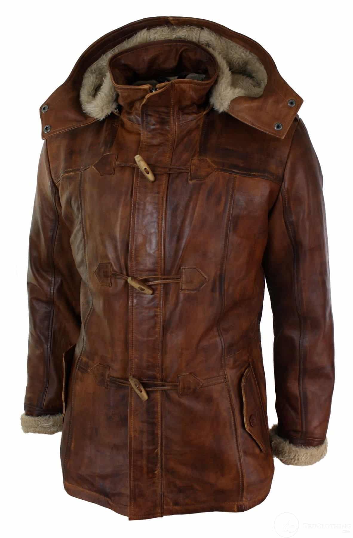 Chaqueta de safari de piel auténtica para hombre, estilo duffle, con capucha, 3/4 de largo, con forro de piel, color marrón madera lavada, Nevada Timber.