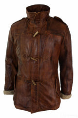 Chaqueta de safari de piel auténtica para hombre, estilo duffle, con capucha, 3/4 de largo, con forro de piel, color marrón madera lavada, Nevada Timber.