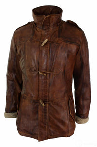 Chaqueta de safari de piel auténtica para hombre, estilo duffle, con capucha, 3/4 de largo, con forro de piel, color marrón madera lavada, Nevada Timber.