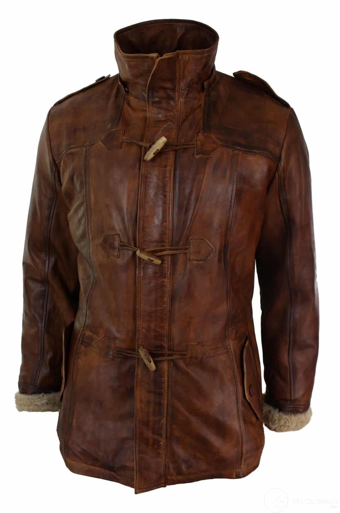 Chaqueta de safari de piel auténtica para hombre, estilo duffle, con capucha, 3/4 de largo, con forro de piel, color marrón madera lavada, Nevada Timber.