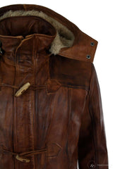 Chaqueta de safari de piel auténtica para hombre, estilo duffle, con capucha, 3/4 de largo, con forro de piel, color marrón madera lavada, Nevada Timber.