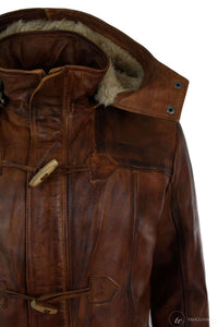 Chaqueta de safari de piel auténtica para hombre, estilo duffle, con capucha, 3/4 de largo, con forro de piel, color marrón madera lavada, Nevada Timber.