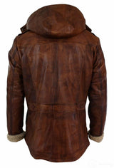 Chaqueta de safari de piel auténtica para hombre, estilo duffle, con capucha, 3/4 de largo, con forro de piel, color marrón madera lavada, Nevada Timber.