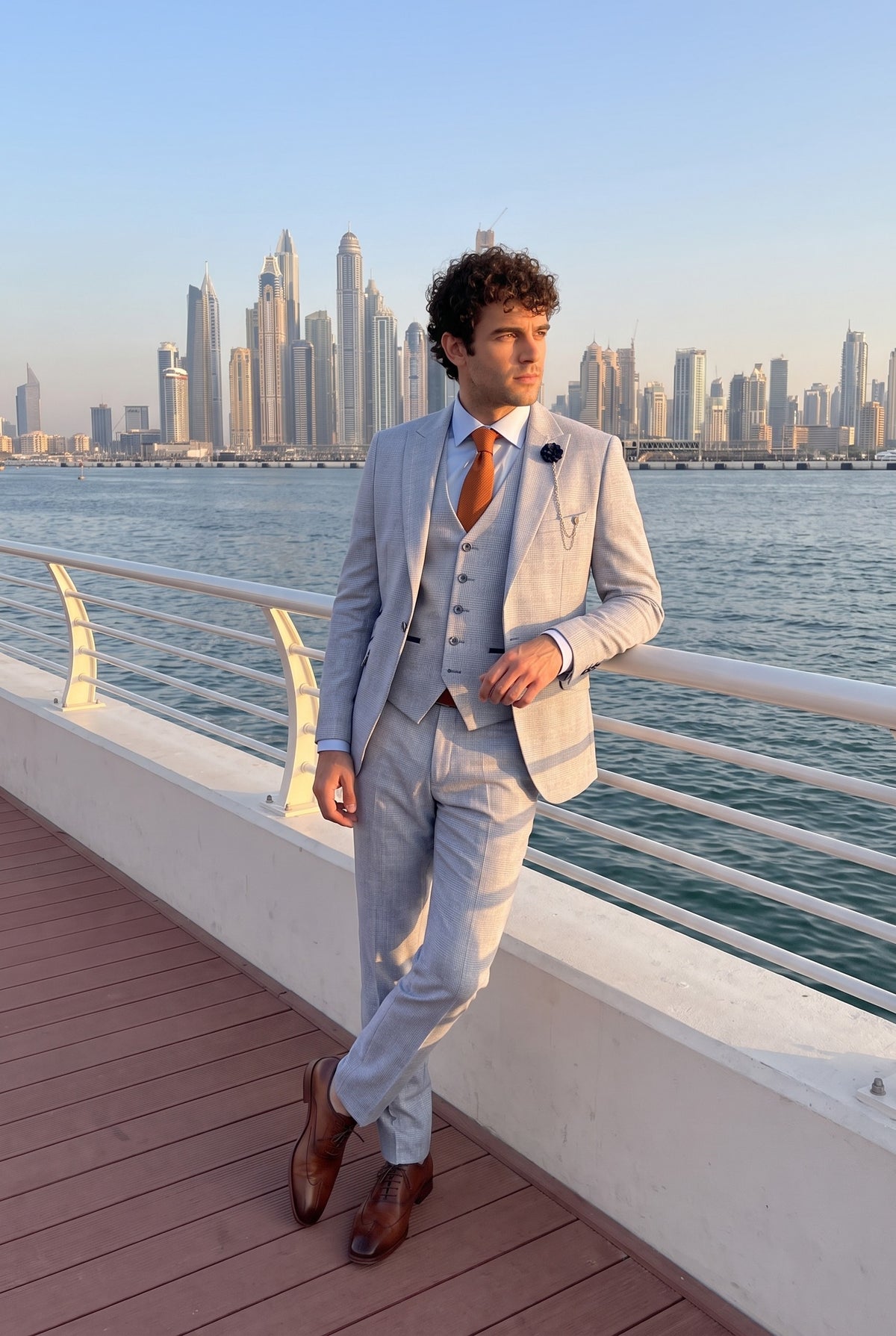 Look #1008 styled with Traje de tres piezas a cuadros para hombre, tweed azul claro, corte entallado, ideal para bodas, estilo Peaky Classic.